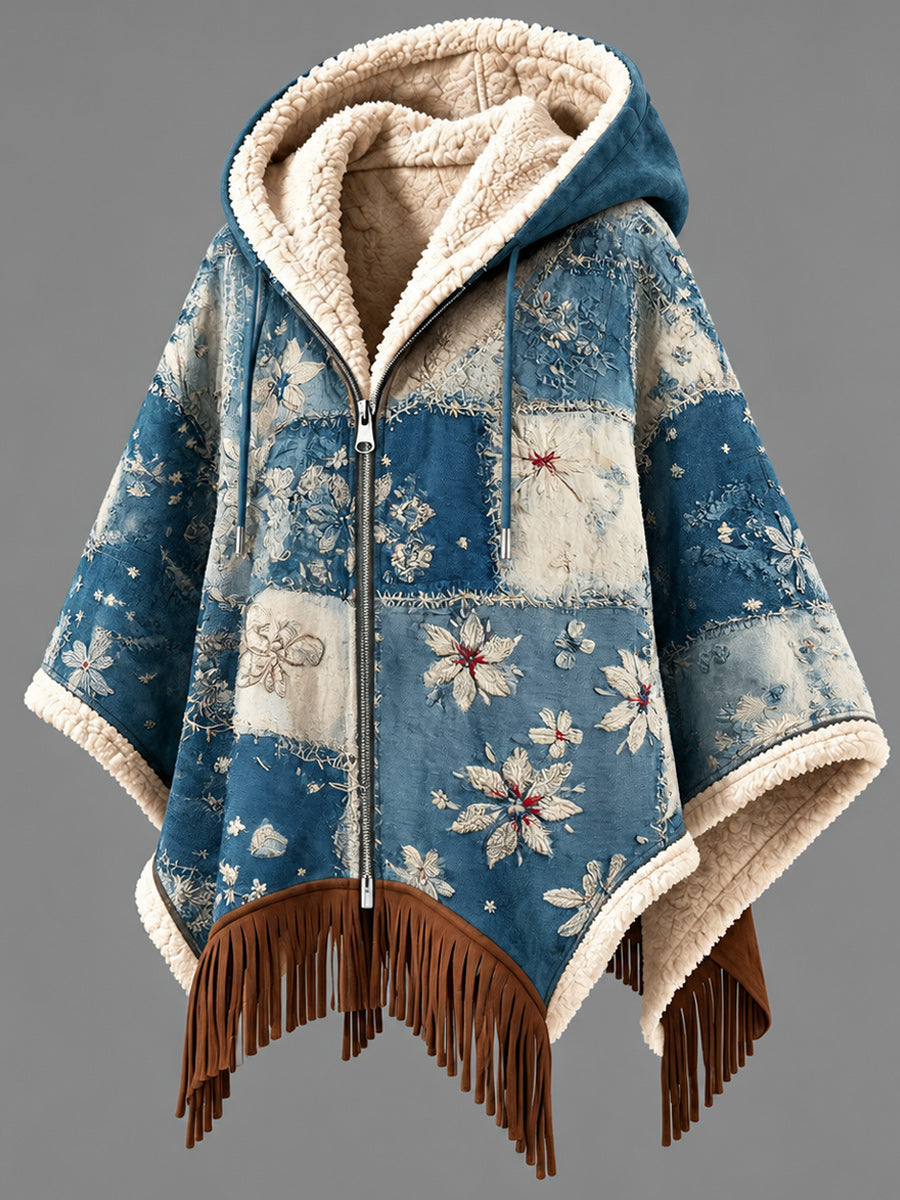 Women's Fall Winter Vintage Art Fleece-Lined Hooded Fringe Poncho